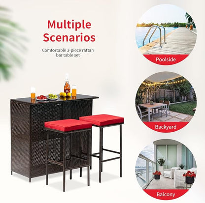 Outdoor Furniture Set Wicker Bistro Set 3PCS Patio Bar Set with Two Stools for Patio Backyard Balcony,Red Cushion