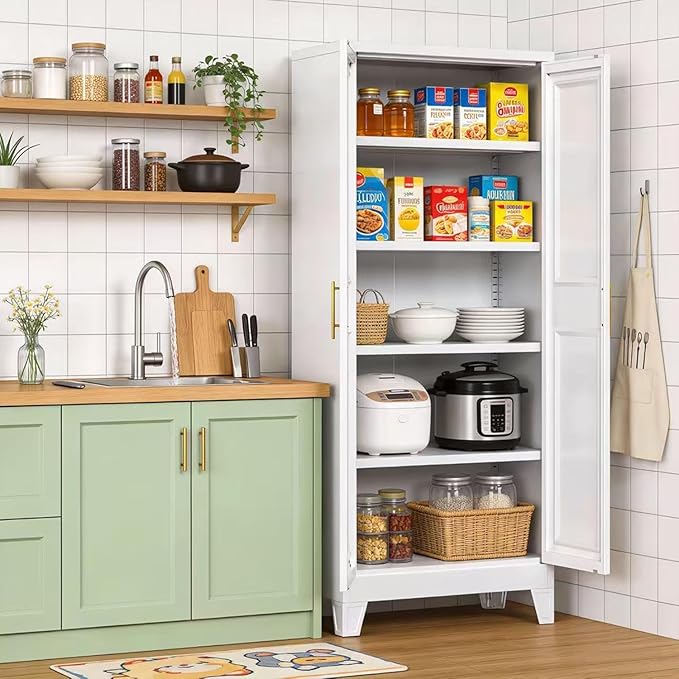 61.4" White Metal Pantry Storage Cabinet, Farmhouse Kitchen Cupboard with 3 Adjustable Shelves, Magnetic Closure, Anti-Tip Kit & Moisture-Proof Legs for Kitchen, Living Room, Assembly Required