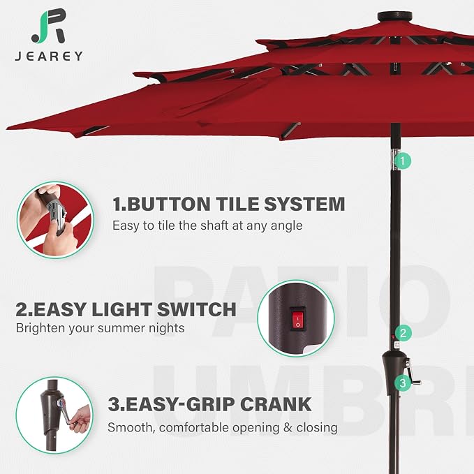 JEAREY 9 ft 3-Tier Outdoor LED Lighted Patio Umbrella w/Crank, Red | Solar Market Table Umbrella with 8 Sturdy Ribs, UV Protection Waterproof Sunproof for Garden, Deck and Backyard