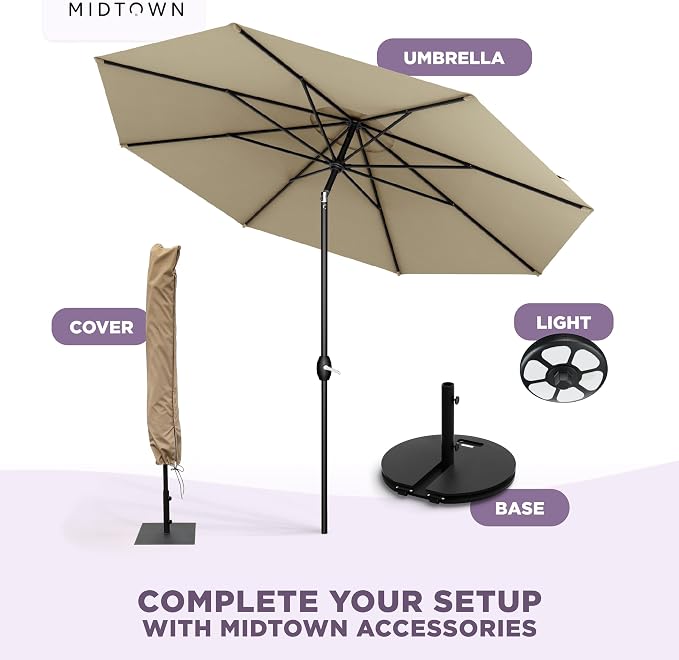 Midtown Umbrellas – The Lean 10 Ft Patio Umbrella with 10-Year-No-Fade Acrylast Acrylic Fabric, Auto-Tilt and 8 Reinforced Ribs for Deck, Pool, Garden, Hotel & Cafes – Sahara Canopy, Black Pole