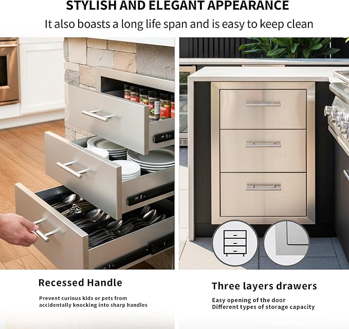Outdoor Kitchen Drawers with Triple-Access & Handles ，18" W x 23" H x 23" D Stainless Steel Flush Mount Modular Cabinet for BBQ Islands & Patios