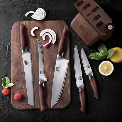 SHAN ZU 7 Pc Knife set, High Carbon Japanese 10Cr15Mov Stainless Steel Professional Kitchen Cooking Knives, Ultra Sharp Japanese Chef Knife Set with Ergonomic Pakkawood Handle