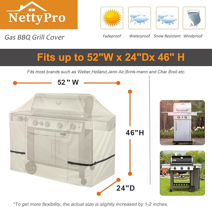 NettyPro BBQ Grill Cover 52 inch Heavy Duty Waterproof Outdoor 2-3 Burners Gas Grill Cover for Outside Weber, Char-Broil, Brinkmann, Nexgrill Barbecue, Beige