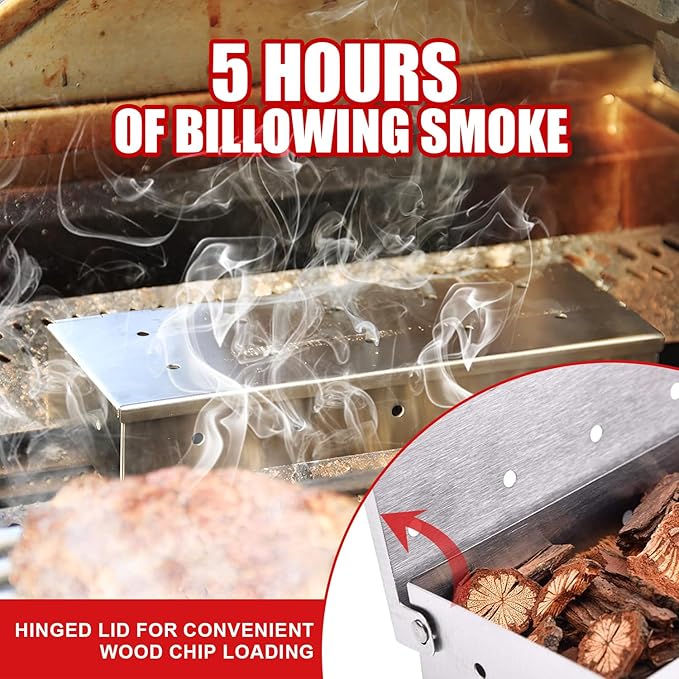 SHIKORI Smoker Box, BBQ Wood Chips Smoker Box for Gas or Charcoal Grills Heavy Duty Stainless Steel Barbecue Smoker Box Grill Accessories(Silver)