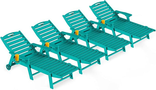 Ciokea Outdoor Lounge Chair Set of 4, All Weather Patio Chaise Lounge Chair for Outside, HDPE Chair with Rolling Wheels & Cup Holder, 5 Position, Deck, Pool, Lake Blue