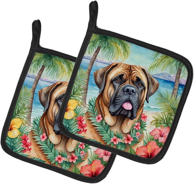 Caroline's Treasures Mastiff Luau Pair of Pot Holders Kitchen Heat Resistant Pot Holders Sets Oven Hot Pads for Cooking Baking BBQ, 7 1/2 x 7 1/2