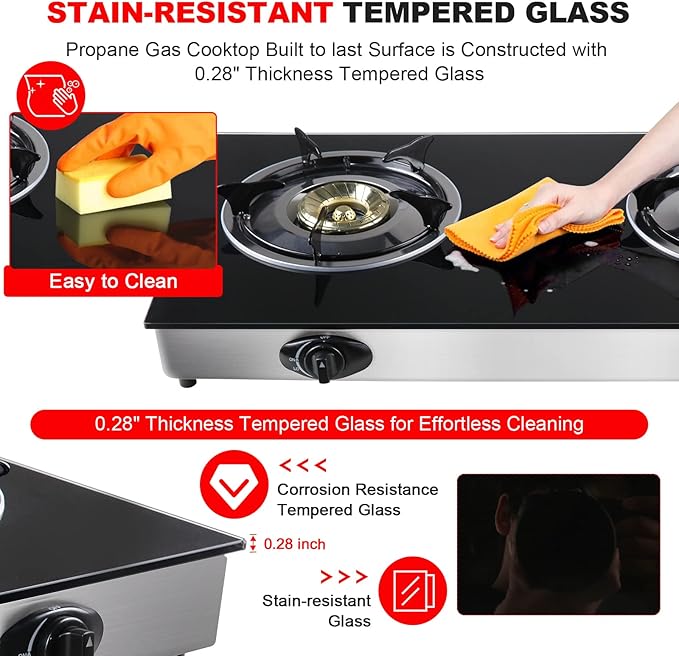 forimo Propane Gas Cooktop 2 Burners Gas Stove portable Tempered Glass Double Burners Stove Auto Ignition Camping Double Burner LPG for RV,Apartments,Outdoor