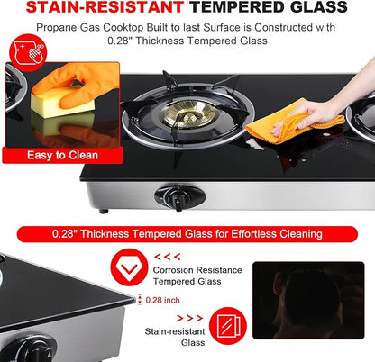forimo Propane Gas Cooktop 2 Burners Gas Stove portable Tempered Glass Double Burners Stove Auto Ignition Camping Double Burner LPG for RV,Apartments,Outdoor