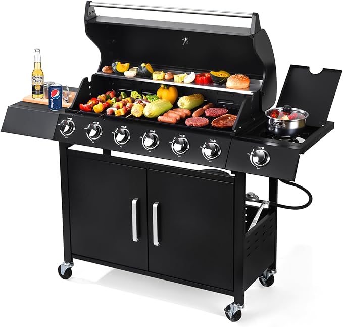 6-Burner w/Side Burner Gas Grill with 403 SQ.IN. Outdoor Grill with 60,000 BTU,Propane Grills with Top Cover Lid,Grills Outdoor Cooking for Patios,Camping,Balcony-Q032