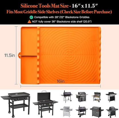 Silicone Grill Mat for Blackstone - BBQ Griddle Tools Side Mat with Drip Pad, Griddle Tools Mat for Outdoor Kitchen Countertop, BBQ Grill Accessories Gifts for Men (Orange-2Pack)