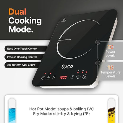 TUCO Portable Induction Cooktop Pro, Countertop Burner Hot Plate, 24-Hour Timer, 1800W, Shatter-Proof Ceramic Glass, LCD Touch, Child & Overheat Protection, ETL Certified, 20 Cooking Modes
