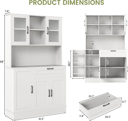 WAYTRIM Pantry Cabinet, White Kitchen Storage Cabinet with 4 Doors and Shelves, Kitchen Hutch Coffee Bar Cabinet with Drawers & Adjustable Shelves, Microwave Stand for Kitchen Dining Room Furniture
