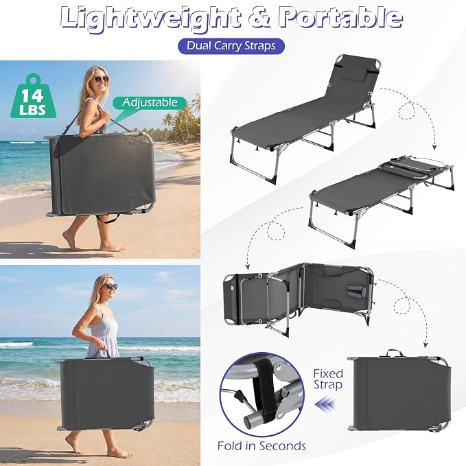 GYMAX Tanning Chair, 330LBS Beach Lounge with Face Arm Hole & Hand Shoulder Strap, Folding Layout Sunbathing Chair, Face Down Outdoor Chaise Lounger for Patio, Poolside, Lawn, Backyard (1, Grey)
