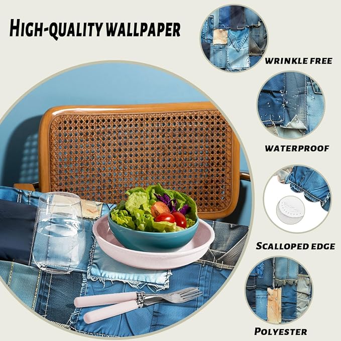 Denim Patchwork Table Cloth Vintage Romance Indigo Rectangle Polyester Table Cloths Kitchen Table Cover for Dining BBQ Picnic Coffee Table 52 x 70 Inch 4-6 Seats