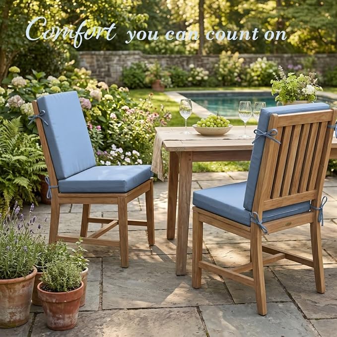 California Umbrella Outdoor Dining Chair, Set of 2 Patio Seat Cushions, 20 x 40 Inch, Premium Outdoor Memory Foam, Fade Resistant, Sunbrella Fabric, Fabric Ties, Air Blue