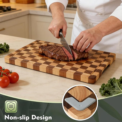 3 Pack Checkered Wood Cutting Board Set Cutting Boards for Kitchen Non Slip Acacia Wood Chopping Board with Juice Grooves & Handles Wooden Chopping Board Butcher Block End Grain