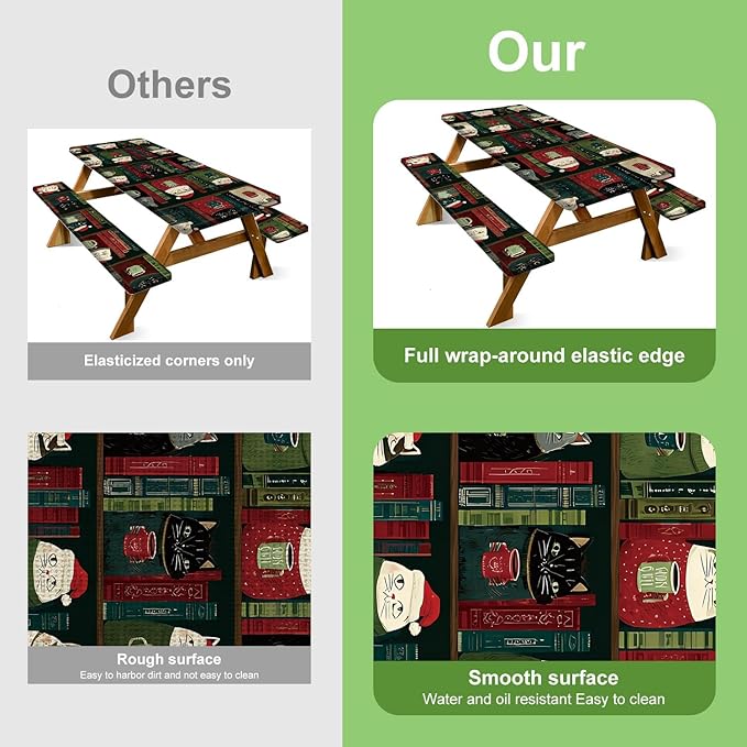 Christmas Picnic Table Cover with Bench Cover, Outdoor Picnic Table Elastic Tablecloth, Holiday Cat and Book Design, Camping, Barbecue and Winter Party Tablecloth