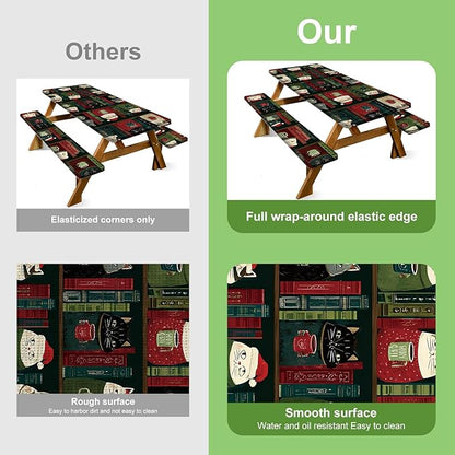 Christmas Picnic Table Cover with Bench Cover, Outdoor Picnic Table Elastic Tablecloth, Holiday Cat and Book Design, Camping, Barbecue and Winter Party Tablecloth