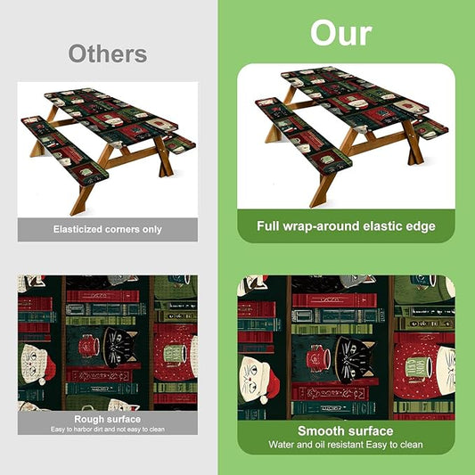 Christmas Picnic Table Cover with Bench Cover, Outdoor Picnic Table Elastic Tablecloth, Holiday Cat and Book Design, Camping, Barbecue and Winter Party Tablecloth