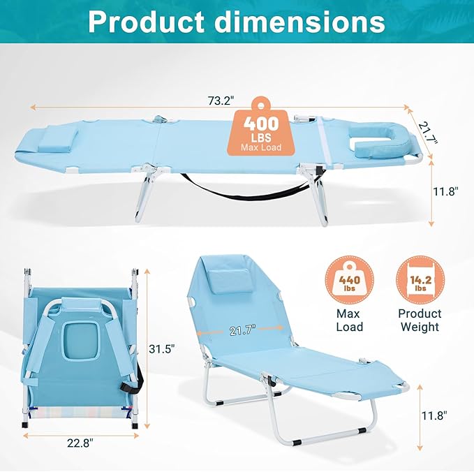 MOPHOTO Tanning Chair, 5-Position Sunbathing Lounge Chair with Face Hole, Folding Chaise Lounger for Pool Beach Patio