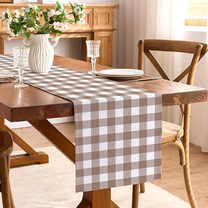 Khaki Gingham Table Runner Light Brown and White Checkered Birthday Wedding Baby Shower Party Decoration BBQ Picnic Home Kitchen Table Decor (Khaki, 13" x 108")