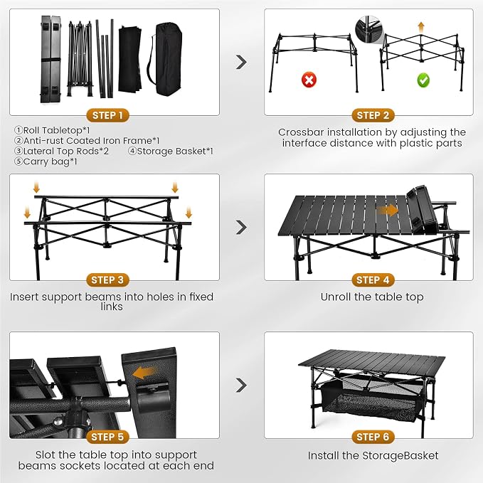 WUROMISE Lightweight Aluminum Folding Camping Table (37.13” x 21.57” x 19.69”), Portable Roll-Up Design for Outdoor, Camping, Beach, BBQ, Patio, and Picnic, Durable & Waterproof with Carrying Bag
