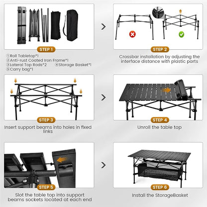 WUROMISE Lightweight Aluminum Folding Camping Table (37.13” x 21.57” x 19.69”), Portable Roll-Up Design for Outdoor, Camping, Beach, BBQ, Patio, and Picnic, Durable & Waterproof with Carrying Bag