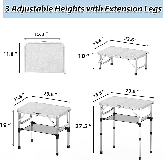 YihuiKo Small Folding Table with Carrying Handle, Portable Picnic Table | Adjustable Heights Max 27.5", Storage Net, Carrying Handle, Aluminum Alloy Frame, Foldable Table, For Camping/Patio
