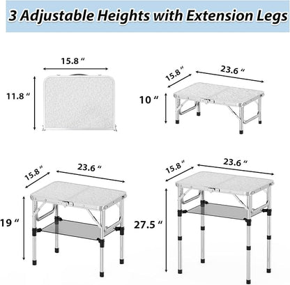 YihuiKo Small Folding Table with Carrying Handle, Portable Picnic Table | Adjustable Heights Max 27.5", Storage Net, Carrying Handle, Aluminum Alloy Frame, Foldable Table, For Camping/Patio