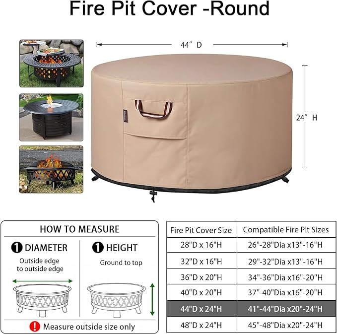 QH.HOME Fire Pit Cover Round-41-44 Inch Heavy Duty 900D Strong Tear-Resistant and UV Resistant and Waterproof and Fading Resistant Material Polyester Firepit Covers Round for Outdoor Fire Pit-Wheat