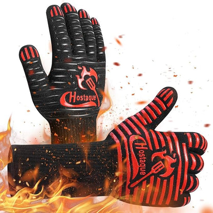 Grilling Gloves 1472℉ Extreme Heat Resistant, Grill BBQ Gloves for Men, Silicone Non-Slip Kitchen Oven Mitts, Hot Cooking Oven Gloves for Grilling, Frying, Baking, Welding, Fireplace, 14 Inch