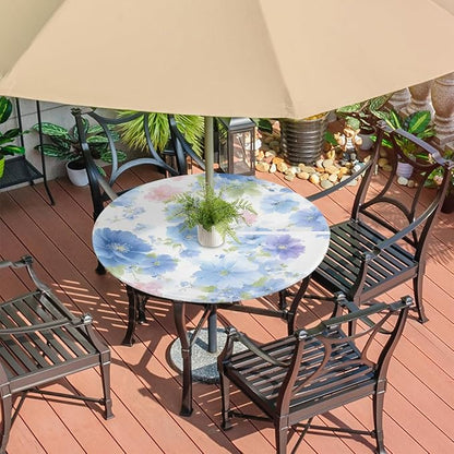 Romantic Flowers Outdoor Round Fitted Tablecloth with Umbrella Hole and Zipper, 36"-44" Elastic Patio Table Cloth Oil-Proof Waterproof Patio Table Cover for Picnic Party Camping