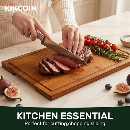 Kikcoin 17”×11” Deep-Carbonized Bamboo Cutting Boards for Kitchen, Healthy Wooden Cutting Boards for Kitchen, Charcuterie, Vegetables, Extra Large Chopping Boards with Deep Juice Groove and Handle