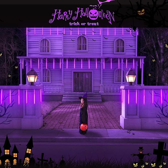 JMEXSUSS 2 Pack Purple Solar Halloween Lights, 16 Tube 288 LED Solar Meteor Shower Rain Lights, Christmas Light Outdoor Waterproof for Tree Halloween Christmas Decorations
