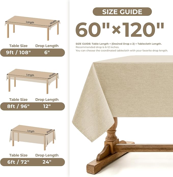 Decorelia Faux Linen Farmhouse Table Cloth 60"x120" for Rectangle Table, Beige Waterproof Outdoor Washable Cloth Tablecloth for Rectangular Dining Room Kitchen Outdoor Party Restaurant Decor