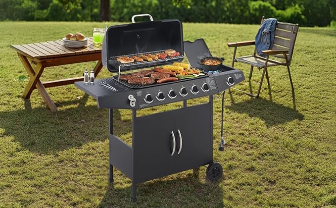 Outdoor Gas Grill with 6 Burners & Side Burner 59000 BTU Stainless Steel BBQ Grill Enamel-Coated Grates Side Tables for Backyard Patio Cooking Charcoal Grills & Smokers,A3
