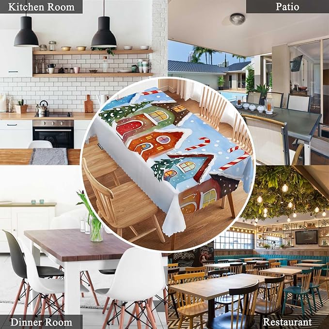 Swono Christmas House Table Cloth Winter Village Snow Xmas Candy Cane Colorful Rectangle Tablecloth Picnic Tablecloth BBQ Table Cloths Polyester for Kitchen 50x72 Inch