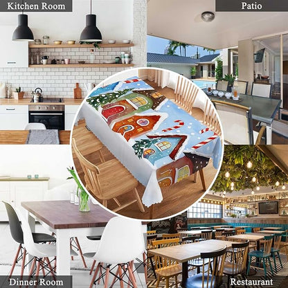 Swono Christmas House Table Cloth Winter Village Snow Xmas Candy Cane Colorful Rectangle Tablecloth Picnic Tablecloth BBQ Table Cloths Polyester for Kitchen 50x72 Inch