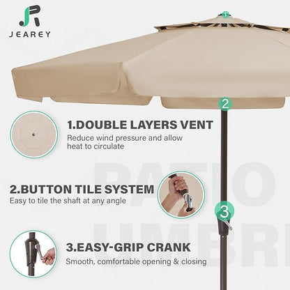 JEAREY 9' 2-Tiers Patio Umbrellas Outdoor Market Table Umbrella w/Push Button Tilt/Crank, 8 Sturdy Ribs, UV Protection Waterproof Sunproof(Beige)