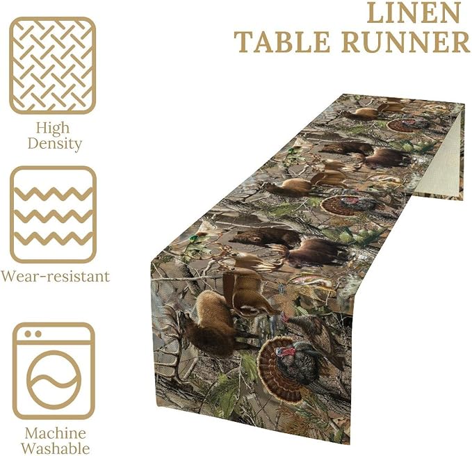 Forest Camouflage Table Runner Dresser Scarves, Camo Rustic Deer Elk Bird Bear Linen Table for Party Kitchen Dining Banquet 13x36in