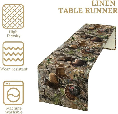 Forest Camouflage Table Runner Dresser Scarves, Camo Rustic Deer Elk Bird Bear Linen Table for Party Kitchen Dining Banquet 13x36in