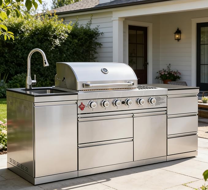 83" Outdoor Kitchen Island with Grill and Side Burner, 4-Burner 71,500 BTU Propane BBQ Island, Sink & Three-Drawer Storage, Rotisserie, for Backyard and Patio Cooking, Silver