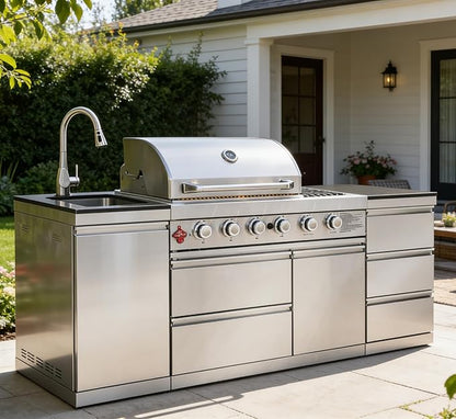 83" Outdoor Kitchen Island with Grill and Side Burner, 4-Burner 71,500 BTU Propane BBQ Island, Sink & Three-Drawer Storage, Rotisserie, for Backyard and Patio Cooking, Silver