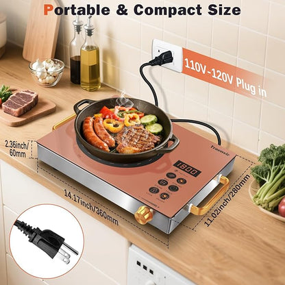 Single Burner Electric Cooktop, Protable Electric Stove with Handle, 1800W One Burner Ceramic Stove top for Dorm, Home, RV, Child Lock, Timer, Steam, BBQ, Stir Fry,110V - 120V Plug in, Orange