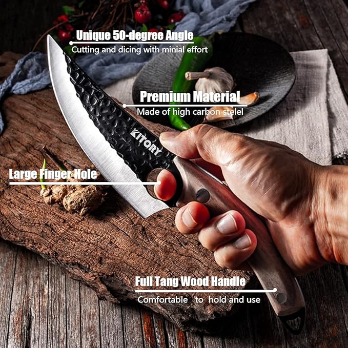 Kitory Butcher Knife for Meat Cutting, Hand Forged Viking Boning Knife with Ergonomic Wood Handle, High Carbon Steel Chinese Chef Knife for Camping, Outdoor, BBQ, Birthday Gift for Men