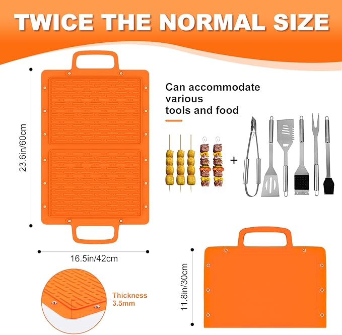 Portable Silicone Grill Mat, Heat Resistant Grill Side Shelf Mats for Food, Foldable Griddle Tools Mat with Drip Pad & Snap Buttons, Non Slip Griddle Accessories Storage Bag for Outdoor Cooking