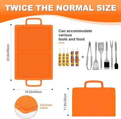 Portable Silicone Grill Mat, Heat Resistant Grill Side Shelf Mats for Food, Foldable Griddle Tools Mat with Drip Pad & Snap Buttons, Non Slip Griddle Accessories Storage Bag for Outdoor Cooking