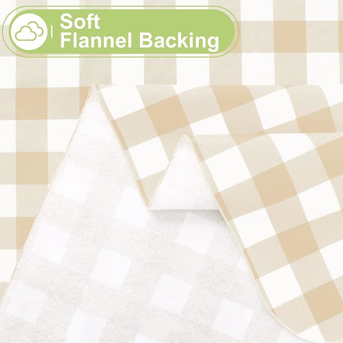 Smiry Picnic Table Cloth, Vinyl Tablecloths with Flannel Backing, 60"x102" | Waterproof Rectangle Table Cloth, Wipeable Buffalo Plaid Table Cover for Indoor and Outdoor (White & Beige)