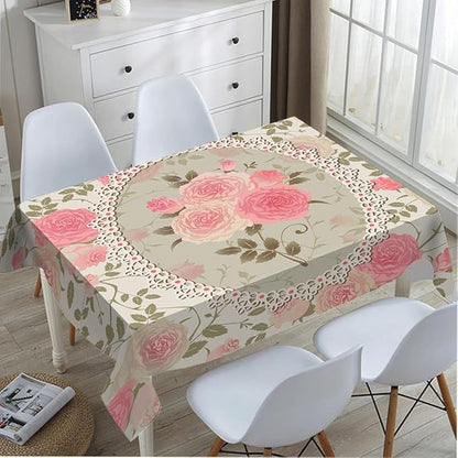 TKS MITLAN Shabby Chic Rose Pattern Tablecloth Decor Lace Frame with A Bouquet of Roses Table Cloth Dining Room Kitchen Table Cover 60" X 84" Oblong/Rectangle