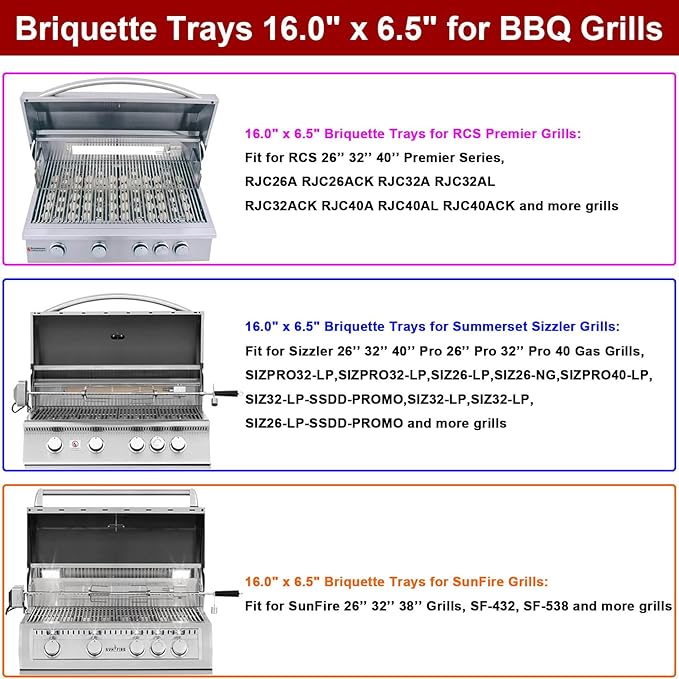 GasSaf 16" Briquettes Tray for Summerset Sizzler 26" 32" 40" Grill, Parts for RCS Premier RJC009P RJC32A RJC26A RJC40A RJC32AL RJC40AL Grill Briquettes Heat Plates, 4 Packs 16 x 6.5 Sizzler Plates